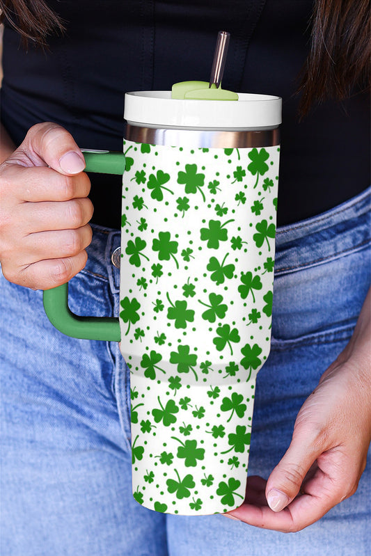 Dark Green Clover Print Thermos Cup with Handle 1200ml