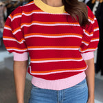 Red Stripe Colorblock Trim Half Sleeve Sweater Top