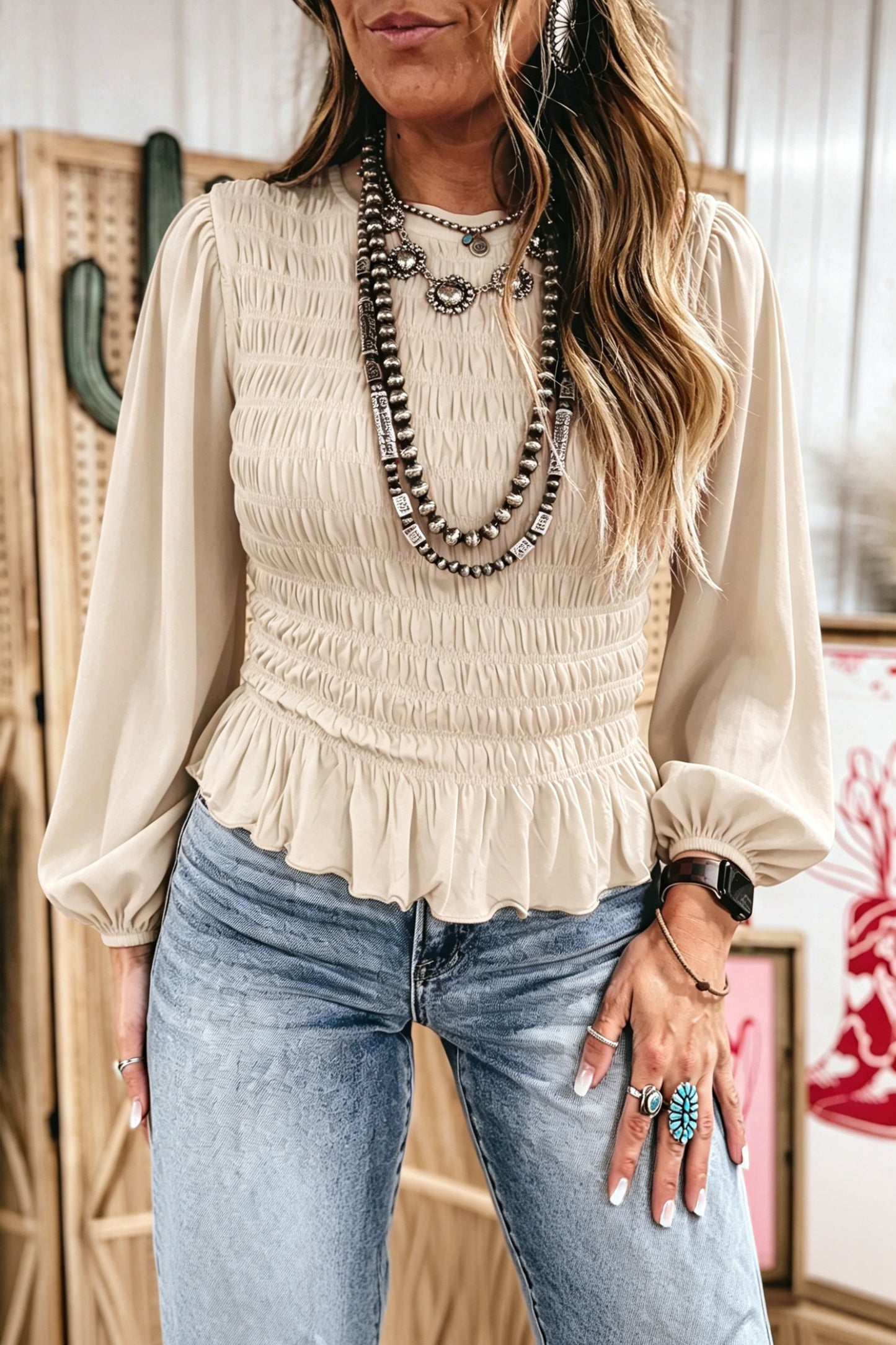 Jet Stream Solid Color Smocked Ruffle Hem Long Sleeve Blouse