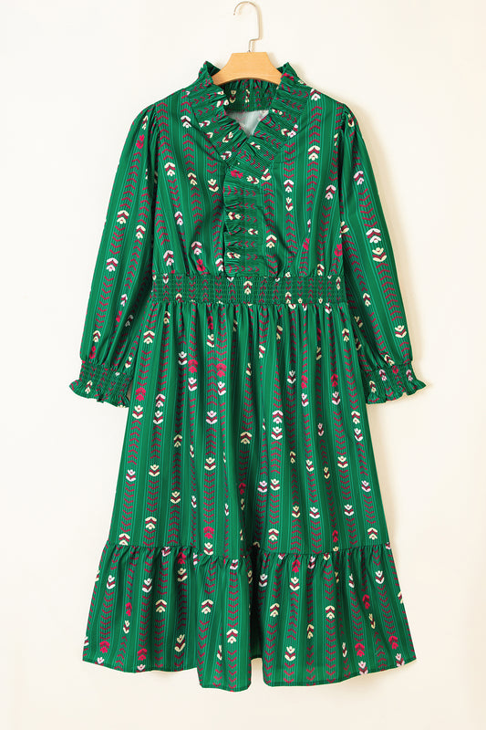 Green Floral Print V Neck Long Sleeve Shift Plus Size Dress