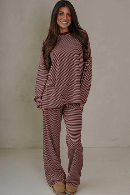 Brown Stripe Contrast Trim Round Neck Oversize Long Sleeve Top 2pcs Pant Set