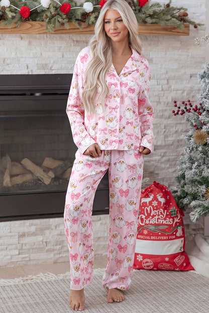 Pink Abstract Santa Print Long Sleeve Full-Length 2Pcs Lounge Set