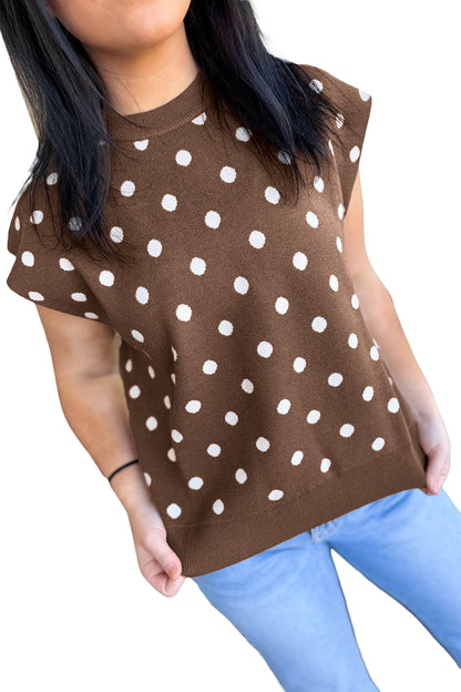 Brown Dolman Short Sleeve Round Neck Polka Dot Sweater