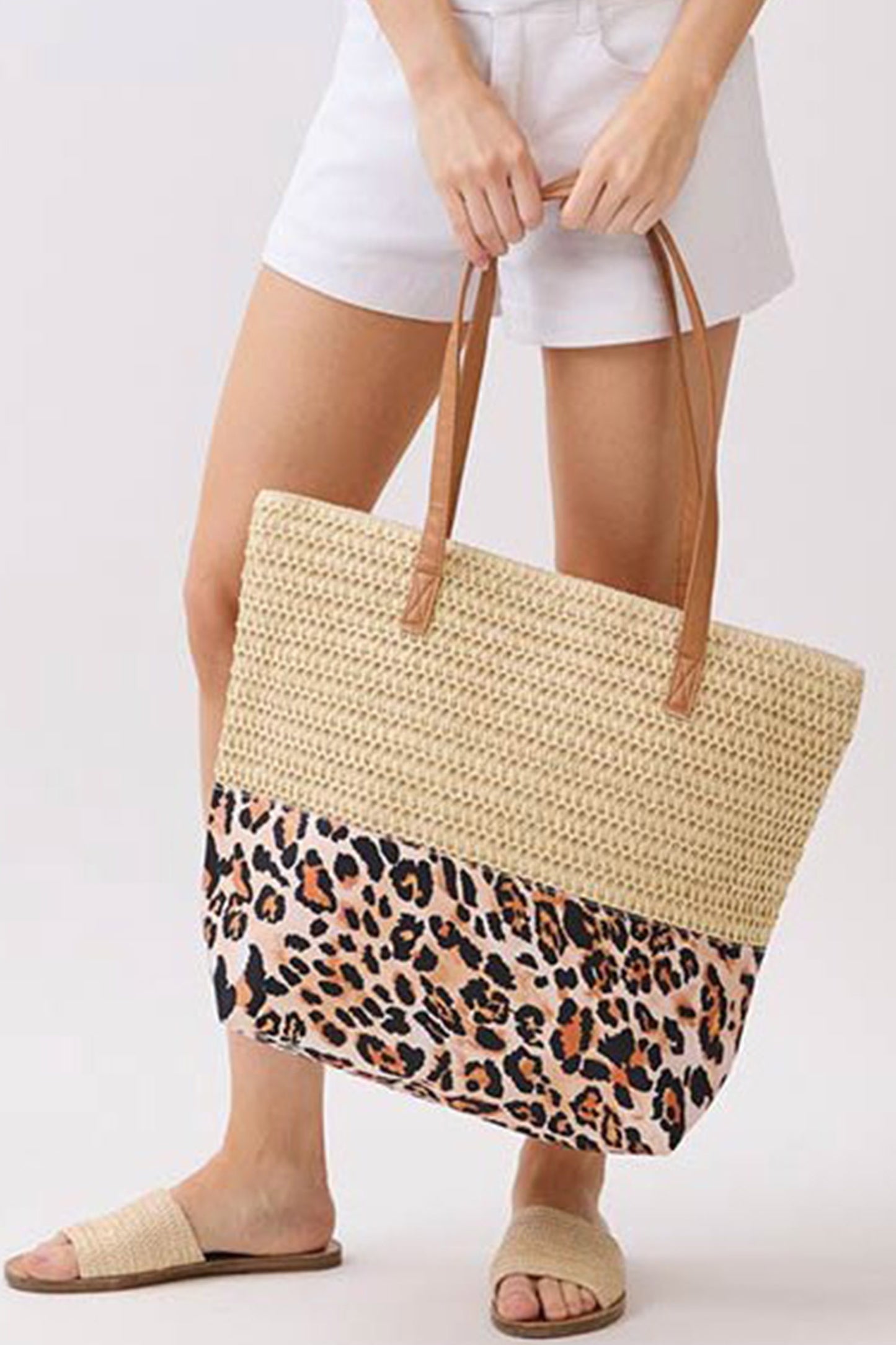Beige Straw Woven Leopard Patchwork Large Tote Bag