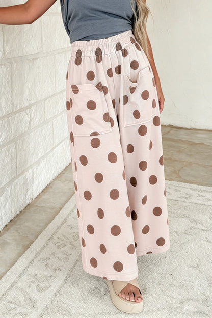 Khaki Polka Dot Wide Leg Elastic Waist Casual Pants