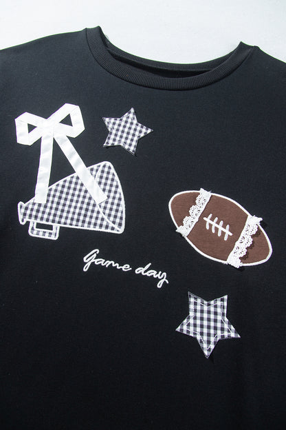 Black Rugby Game Day Patchwork Graphic Plus Size Sweatshirt