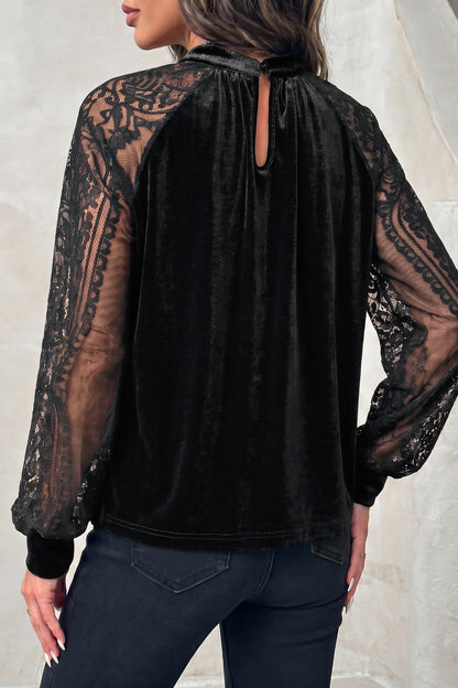 Color Black Solid Color Sheer Lace Long Sleeve Patchwork Stand Neck Velvet Blouse