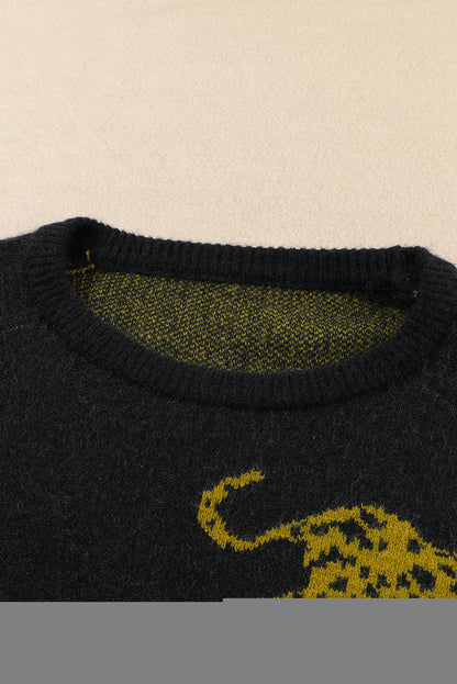 Pull col rond en maille à motif guépard noir 