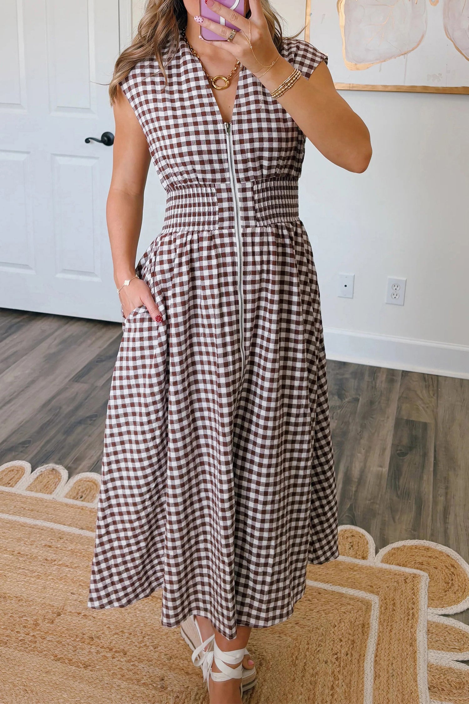 Coffee Plaid Print Full Zipper Cinched Waist Fit Flare Sleeveless Maxi Dress Coffee / L / 95%Cotton+5%Polyester