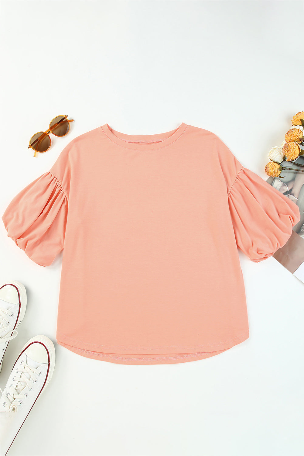 Chemisier à col rond et manches bouffantes 