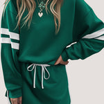 Evergreen Varsity Stripe Detail Drop Shoulder Pullover Mini Skirt Set
