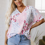 Pink Mixed Leopard Print V Neck Short Sleeve Blouse