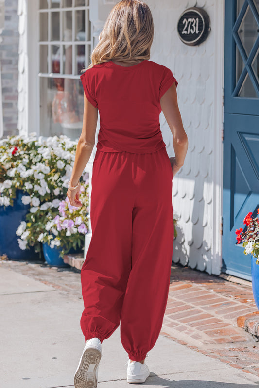 Racing Red Solid Color Cropped Tank Top and Jogger Pants Set