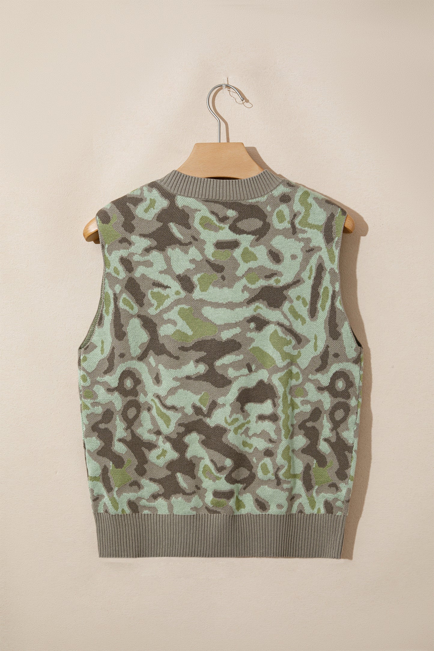 Green Camo Print Button Front Loose Sweater Vest