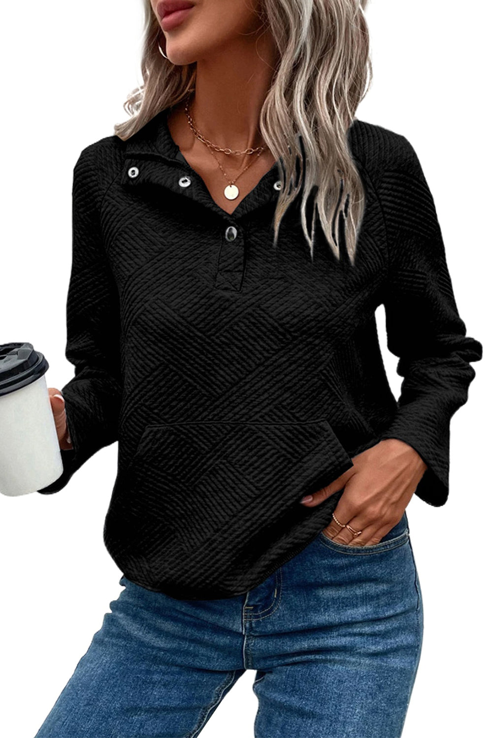 Sweat-shirt boutonné en tricot texturé gris clair avec poche kangourou