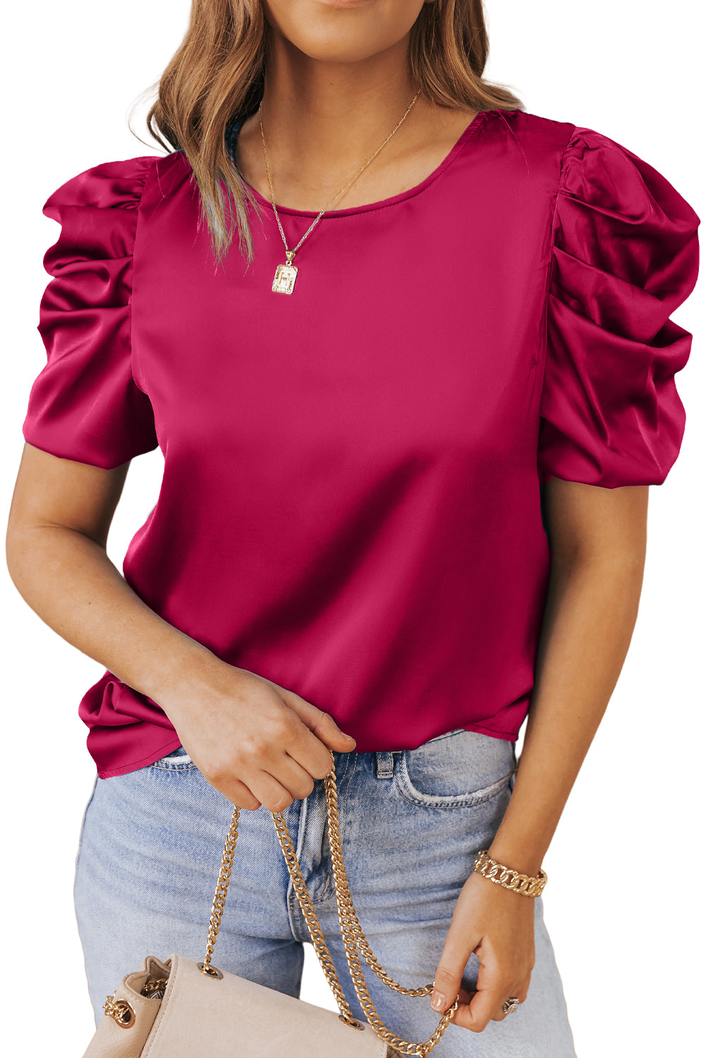Ruched Puff Short Sleeve Satin Blouse