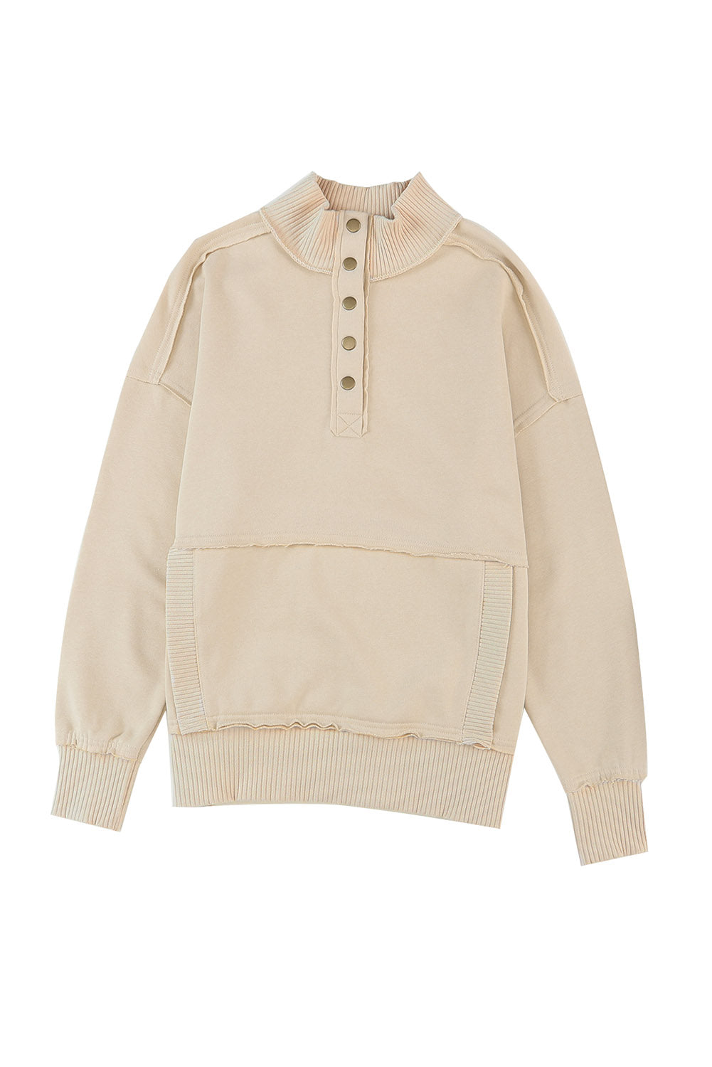 Sudadera caqui con escote con botones a presión y dobladillo de canalé con bolsillo 