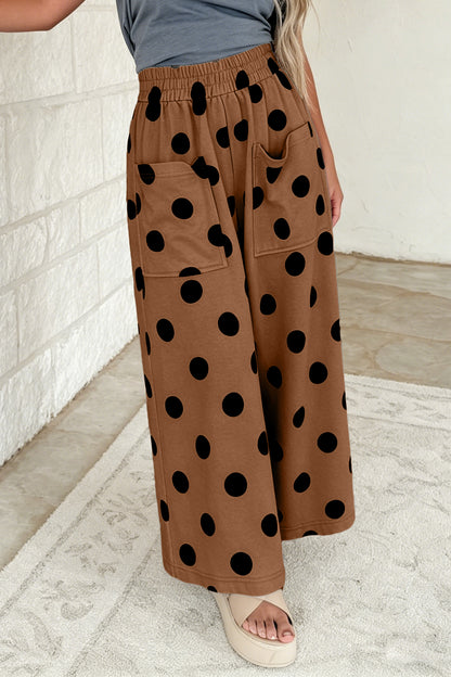 Brown Polka Dot Wide Leg Elastic Waist Casual Pants