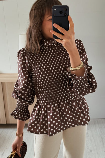 Brown Polka Dot Ruffled High Neck Shirred Ruffle Hem Blouse
