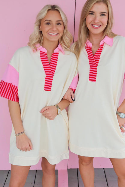 White Stripe Colorblock Patchwork Short Sleeve T Shirt Dress
