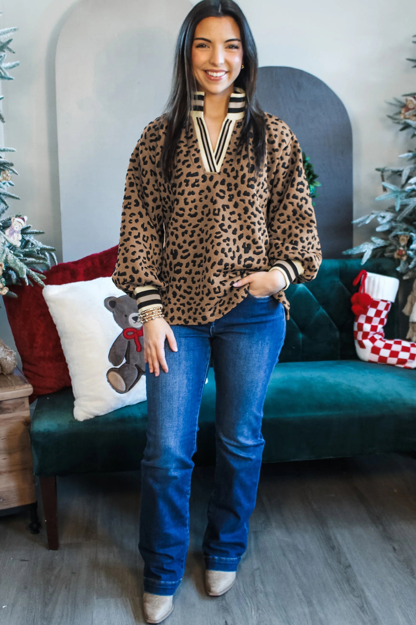 Brown Leopard Print Striped Trim Collar Long Sleeve Shift Pullover