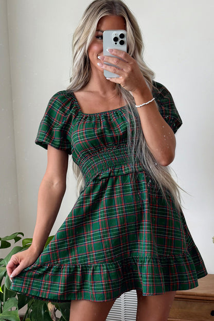 Green Plaid Shirred U Neck Short Sleeve Mini Dress