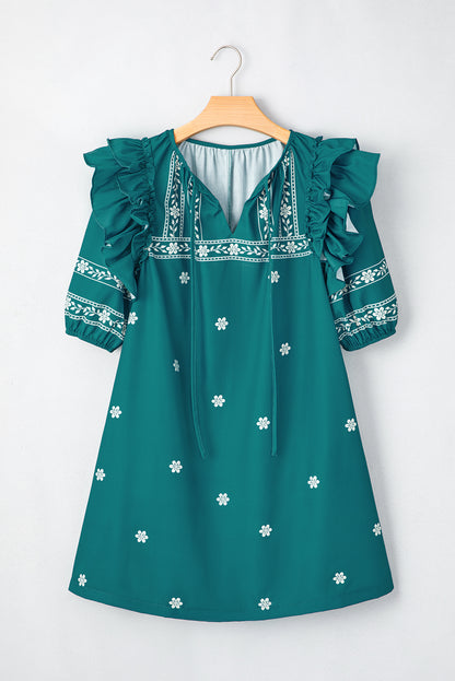 Robe courte à volants et col en V style bohème à fleurs et lacets, manches bouffantes et volants, Skobeloff