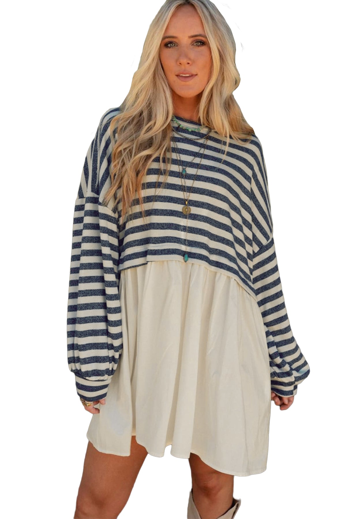 Blue Stripe Long Sleeve Pocketed Patchwork Hem Mini Dress