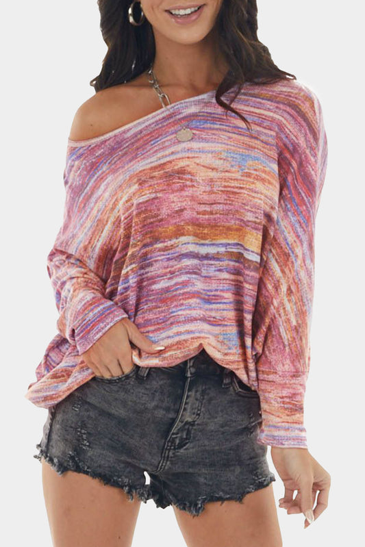 Multicolor Tie-dyed Boat Neck Dolman Sleeve Knit Top