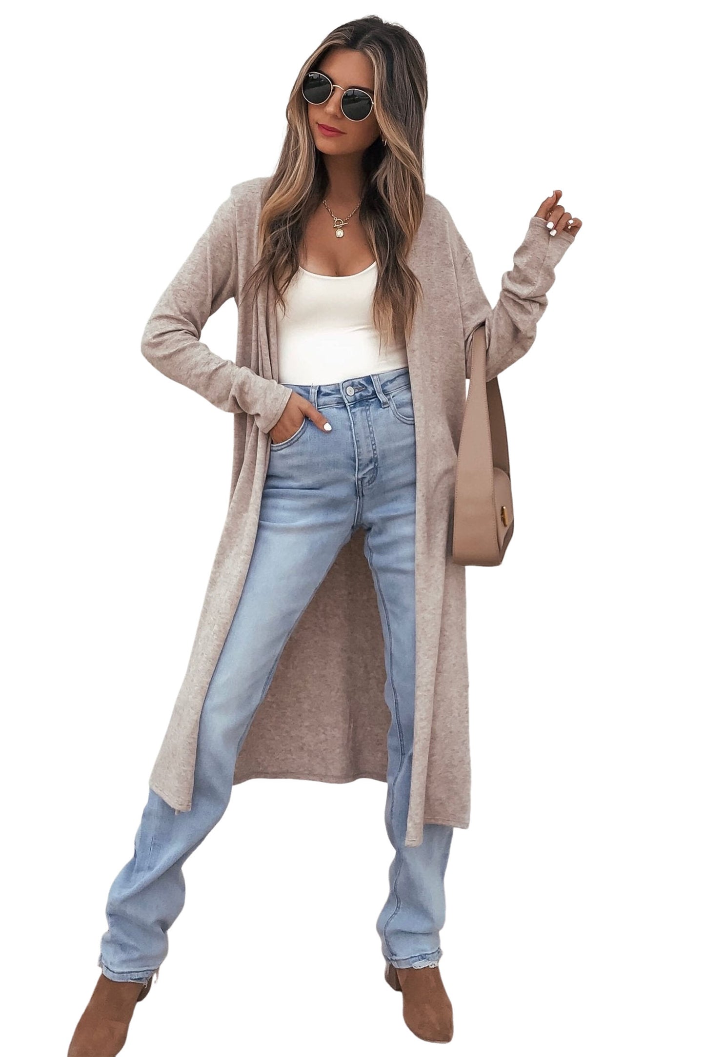 Parchment Solid Color Long Sleeve Casual Tunic Shift Cardigan