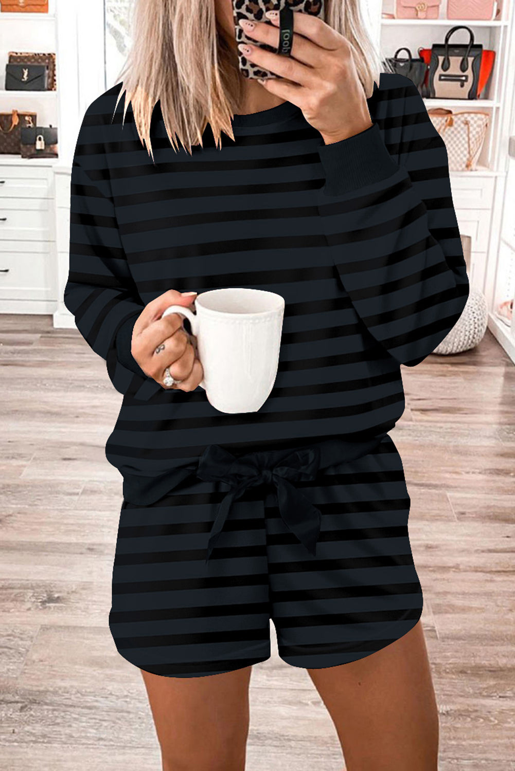 Gray Printed Leopard Long Sleeve Satin Tie Shorts Two Piece Set