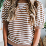 Khaki Stripe Short Bubble Sleeve T Shirt