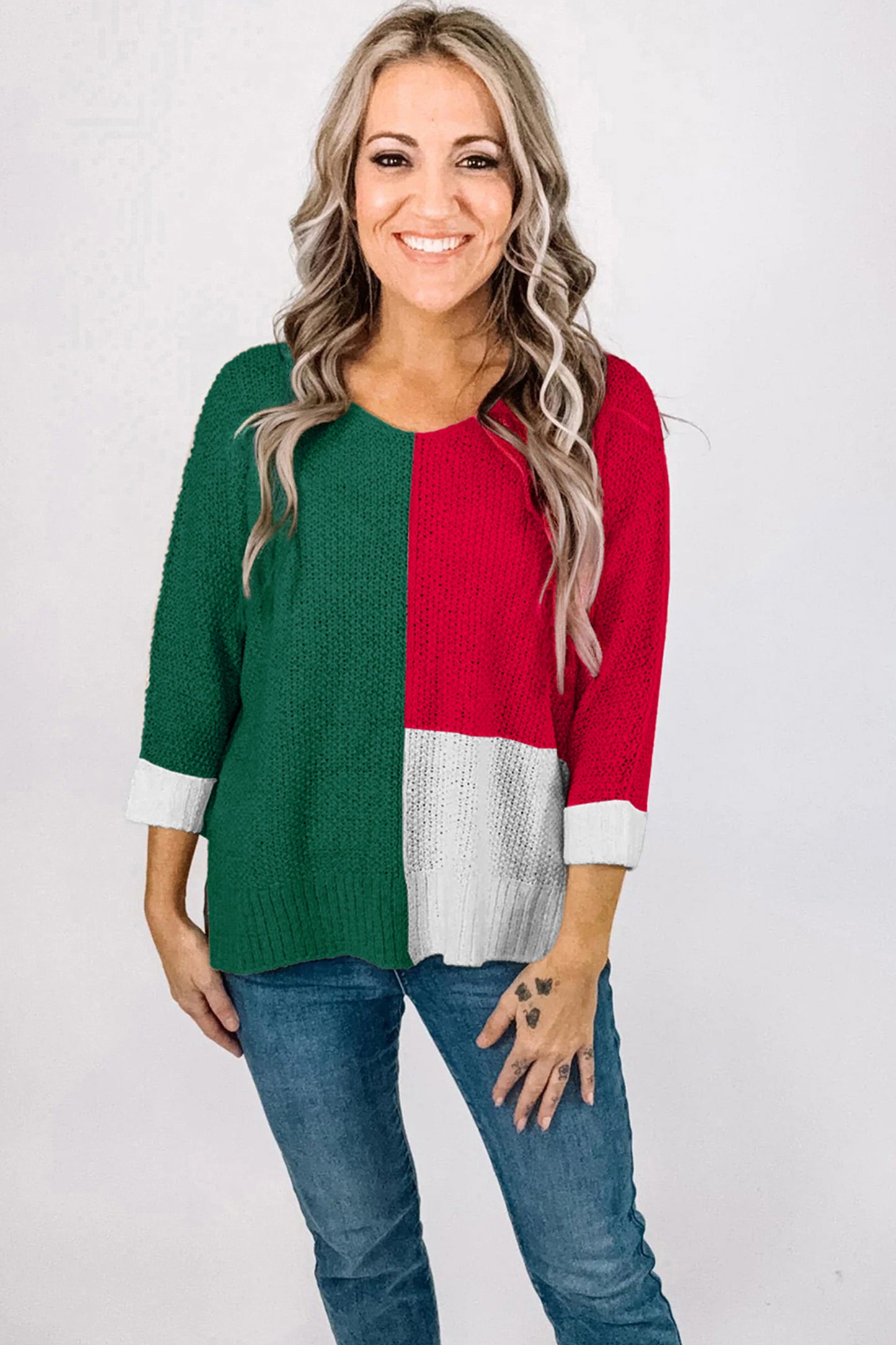 Evergreen Color Block Knit V Neck Loose Sweater