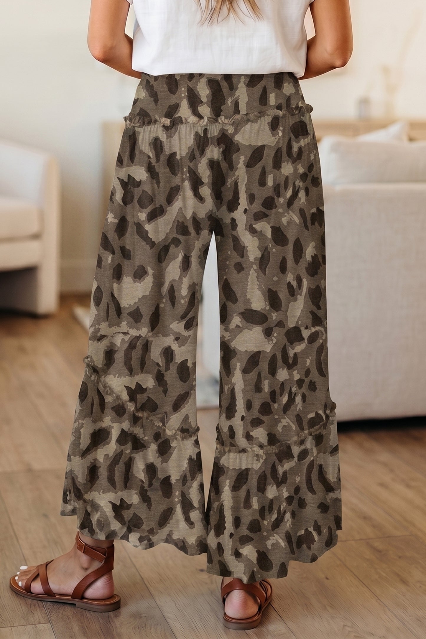 Brown Camo Print Wide Leg Casual Pants