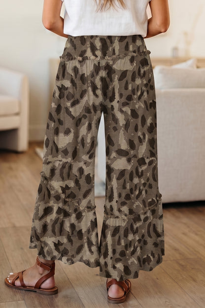Brown Camo Print Wide Leg Casual Pants