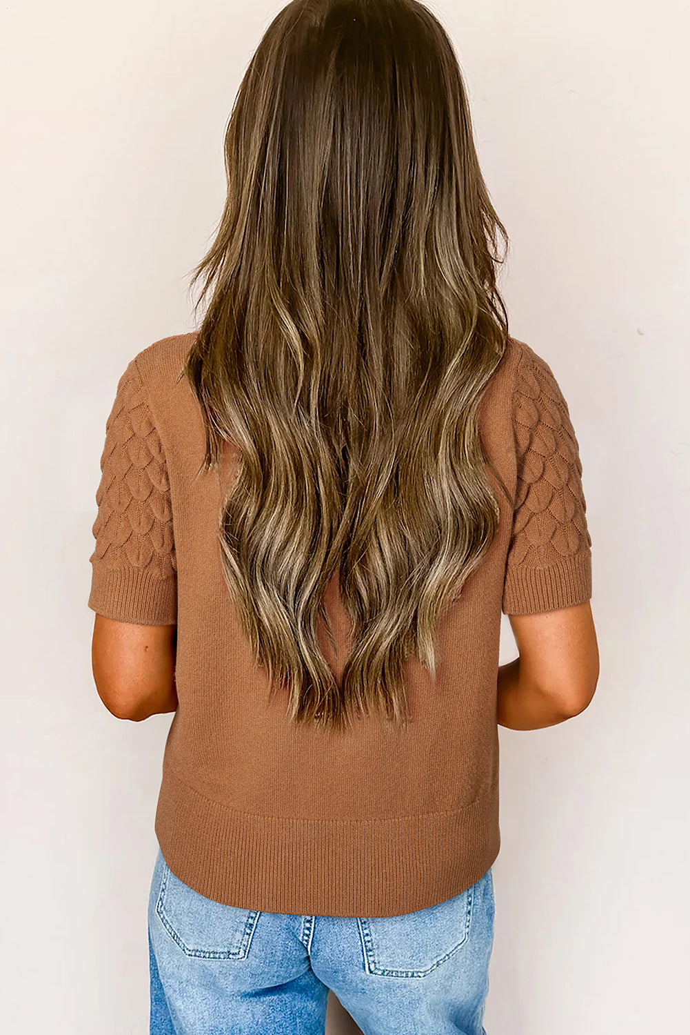 Straw Yellow Fish Scale Textured Knit Ribbed High Neck Short Sleeve Sweater