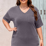 Light Grey Textured V-Neck Dropped Shoulder Plus T-Shirt