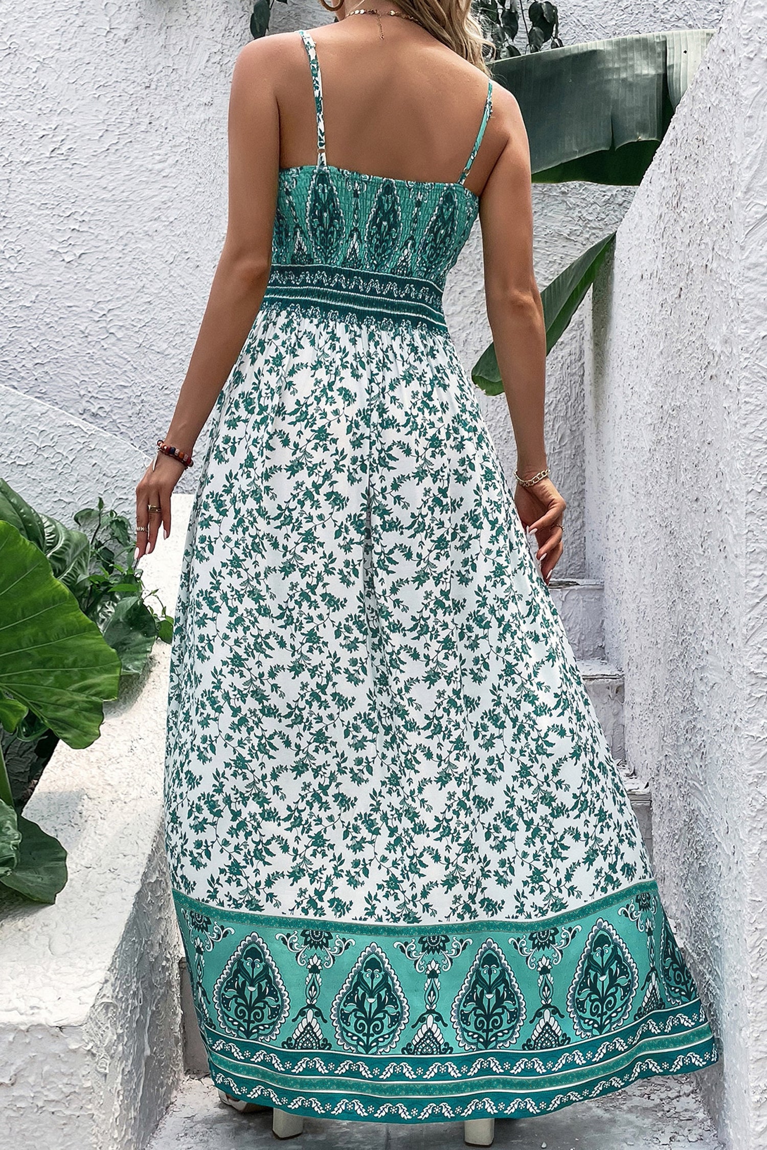 Green Boho Floral Print Shirred Cami Maxi Dress