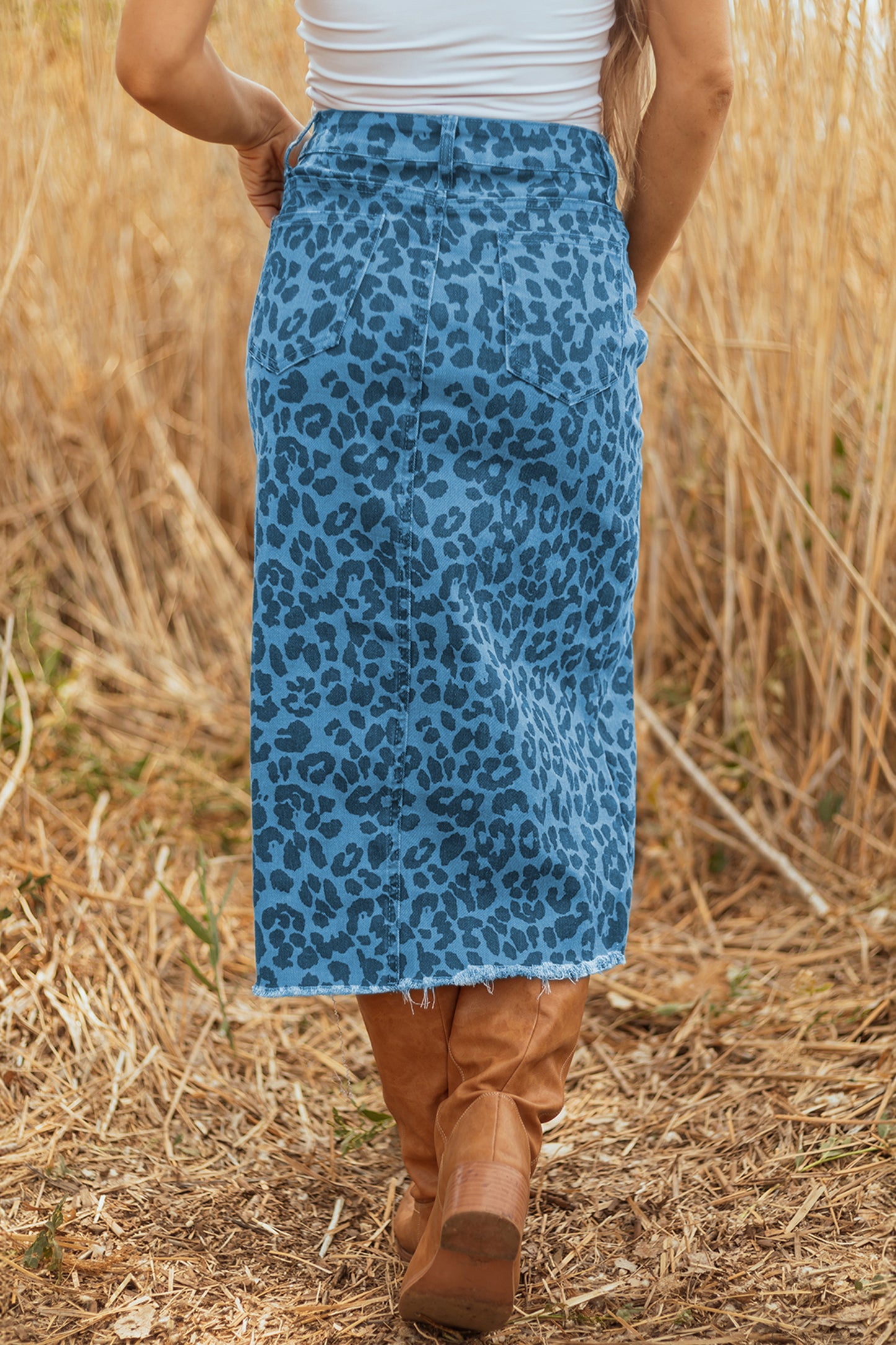 Brown Leopard Print Frayed Edge Denim Skirt Long Casual Daily Wear