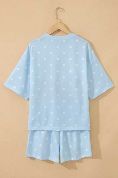 Sky Blue Polka Dot Short Sleeve Loose Top Drawstring Shorts Set