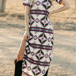 Beige Western Aztec Printed Long T-shirt Dress