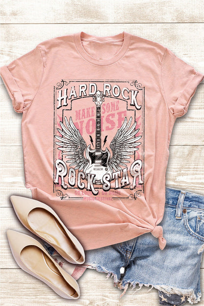 T-shirt ras du cou rose imprimé guitare Hard Rock