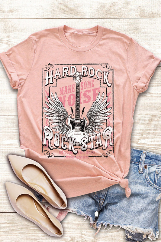 Pink Hard Rock Guitar Print Crew Neck T Shirt