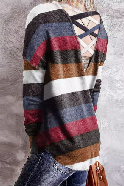 Haut à manches longues à rayures et dos croisé 