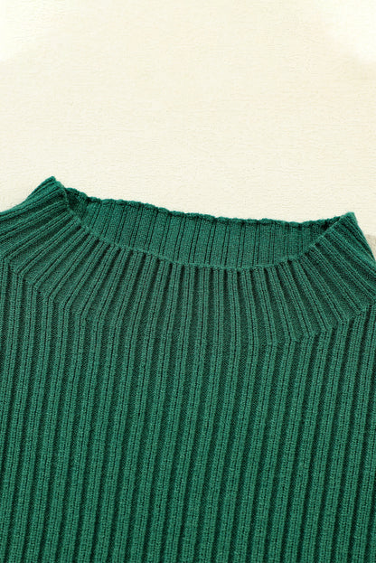 Pull à manches courtes en tricot côtelé vert noirâtre avec poches plaquées