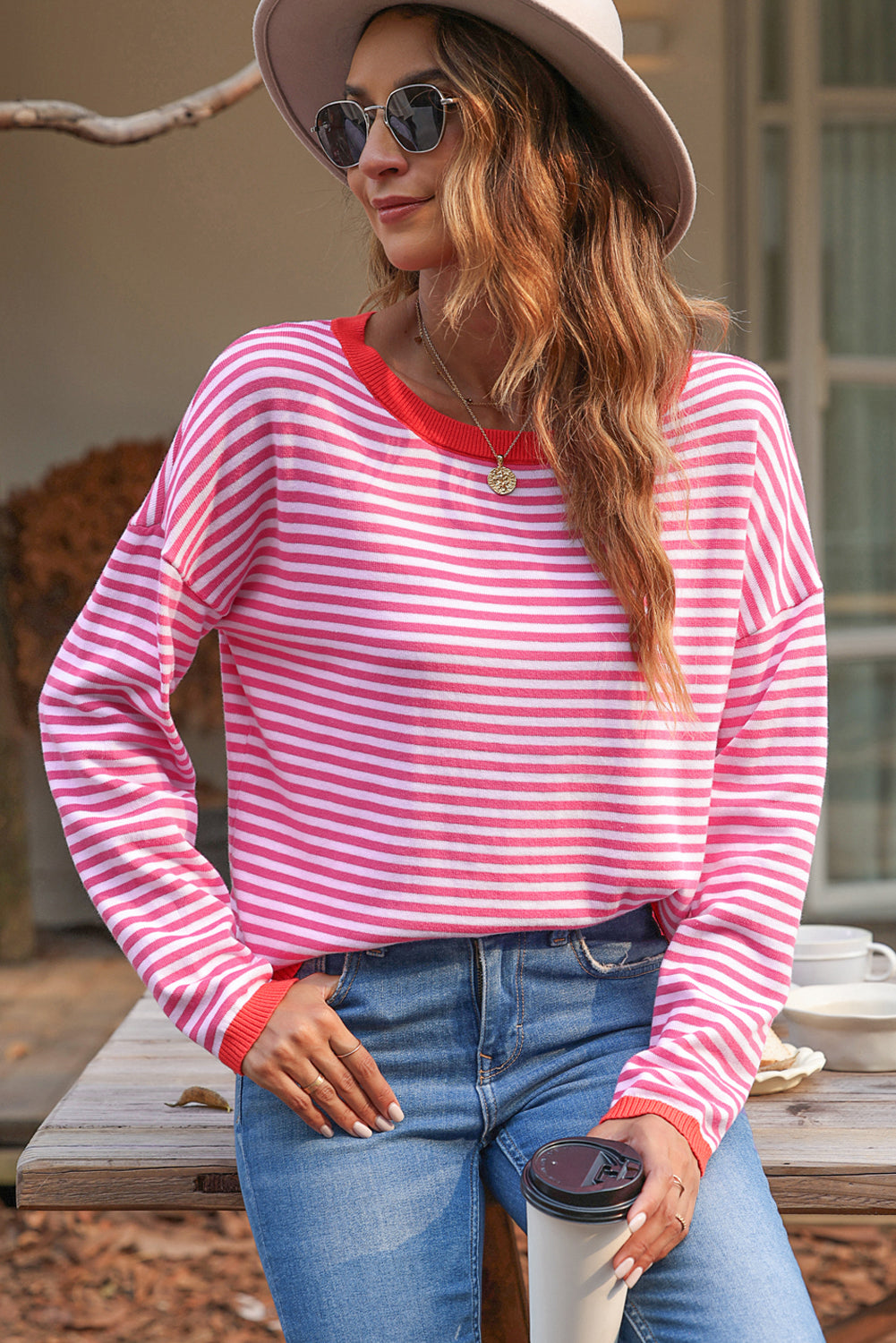 Pink Striped Contrast Trimmed Drop Shoulder Sweater