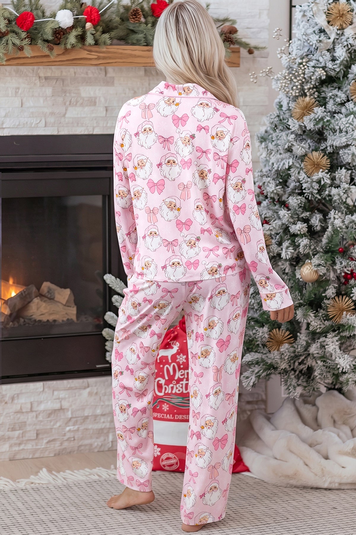 Pink Abstract Santa Print Long Sleeve Full-Length 2Pcs Lounge Set