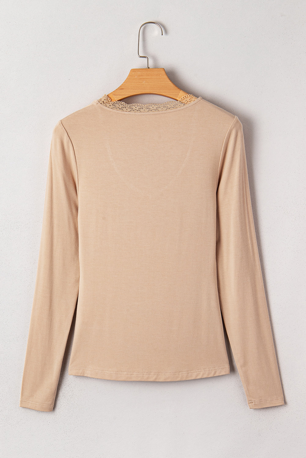 Smoke Gray Lace-trimmed Sweetheart Neckline Ruched Detail Long Sleeve T-shirt