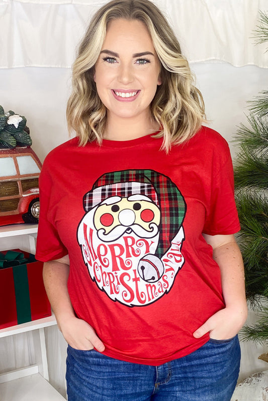 Camiseta navideña con cuello redondo y gráfico de Papá Noel rojo