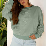 Smoke Green Raw Edge Flower Patch Drop Shoulder Casual Top